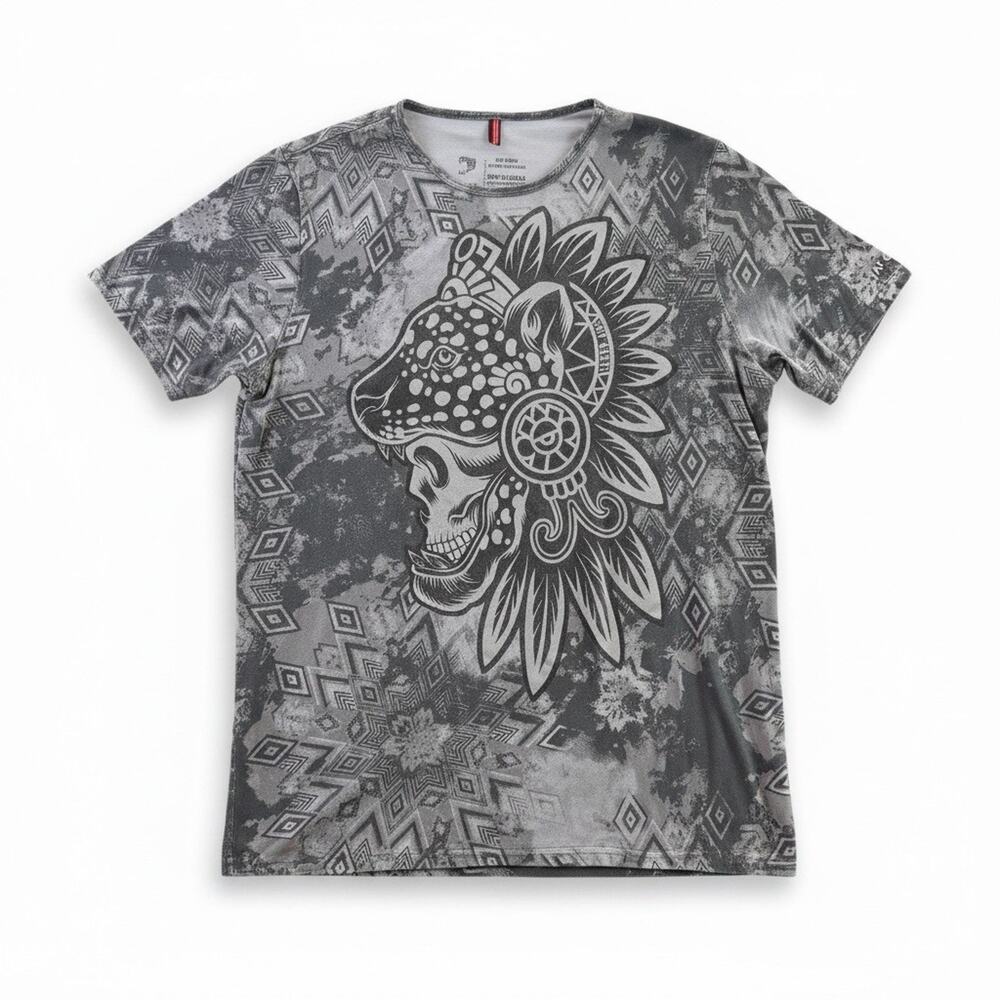 Ay Güey Men’s XL Jaguar Skull Aztec All Over Print T-Shirt Gray Mexico